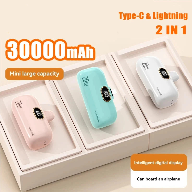 Xiaomi 30000mAh Mini Power Bank Built Cable Portable Mobile Phone Charger External Battery Capsule Powerbank For Type-C iPhone