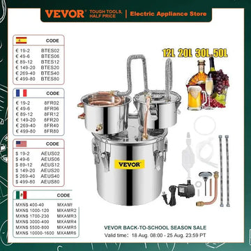 VEVOR 12L 20L 30L 50L Alcohol Brewing Distiller DIY Moonshine Apparatus Stainless Steel Still Whisky Beer Brandy Home Appliance